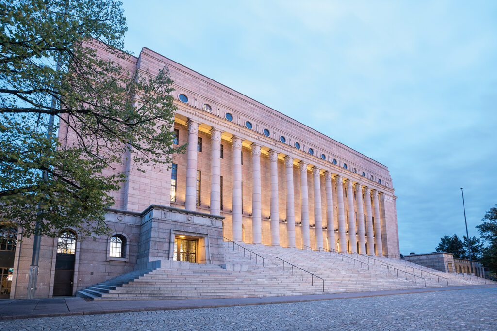 The Finnish Parliament House photographed from the front.