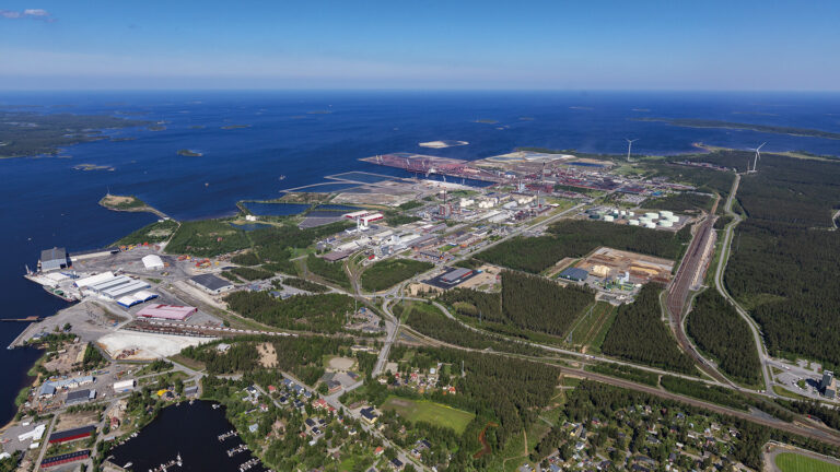 The Kokkola Industrial Park photographed from the air. In the background is the sea.