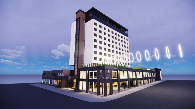 A 3D graphic of Original Sokos Hotel Royal Vaasa's exterior.