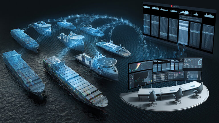 A 3D graphic. There is a large computer monitor and chairs floating on water in the front, and multiple sea vessels in the back. Signals are going from the vessels to the monitor and vice versa.