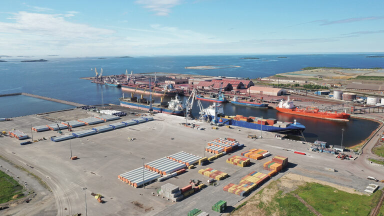 An aerial view of the port of Kokkola's Deep Port and Silverstone Port.