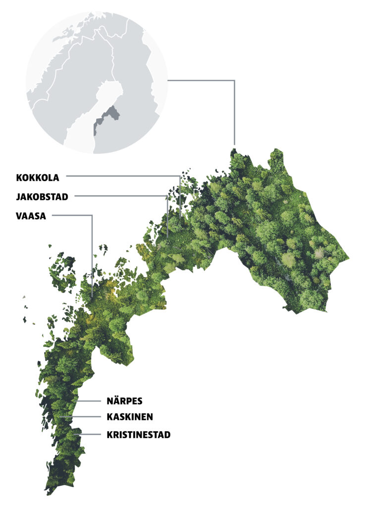 The silhouette of Ostrobothnia covered in forest. Kokkola, Jakobstad, Vaasa, Närpes, Kaskinen, and Kristinestad are highlighted.