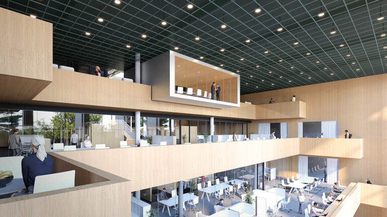 A 3D graphic of the University of Vaasa's new Tritonia library's interior. There is a lot of desk space for studying on three floors, and a separate meeting room at the top.