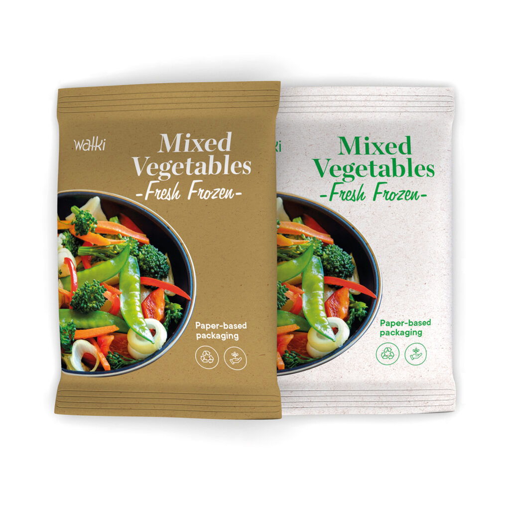 Mixed Vegetables packagings with Walki’s logo in their corners. Both packages say: "Paper-based packaging".