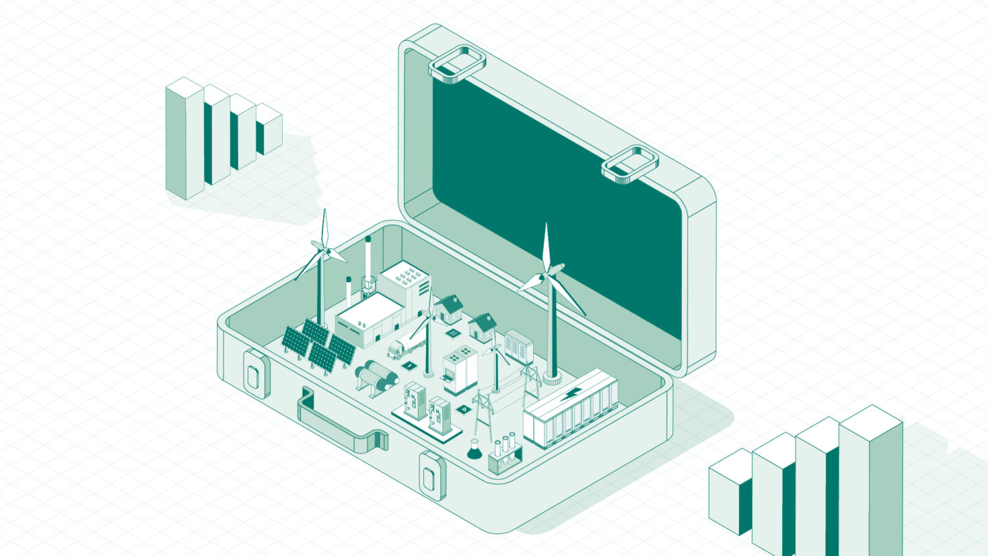 An illustration of an open briefcase that has solar panels, wind turbines, a power plant, an energy storage, and houses in it. There are column bars by the sides of the briefcase.