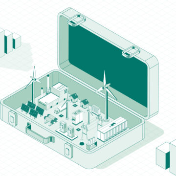 An illustration of an open briefcase that has solar panels, wind turbines, a power plant, an energy storage, and houses in it. There are column bars by the sides of the briefcase.