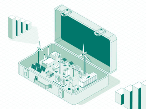 An illustration of an open briefcase that has solar panels, wind turbines, a power plant, an energy storage, and houses in it. There are column bars by the sides of the briefcase.