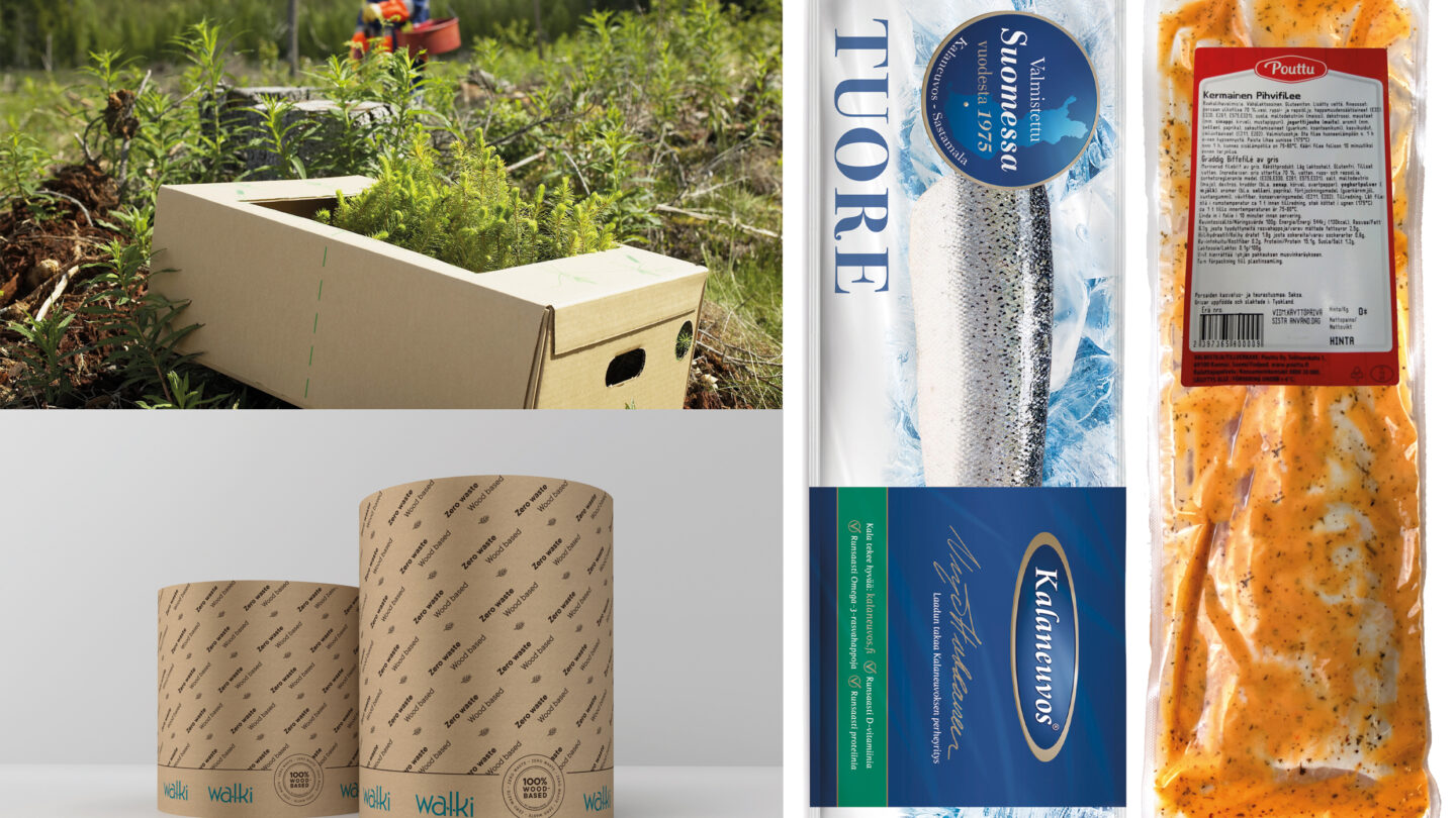 Three-image collage. The first image is taken in a forest and has a box of plants in the front and a person working in the background. The second image shows two Walki reel packaging products. The third image shows Walki's packaging for fish and meat.