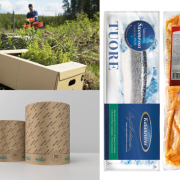 Three-image collage. The first image is taken in a forest and has a box of plants in the front and a person working in the background. The second image shows two Walki reel packaging products. The third image shows Walki's packaging for fish and meat.