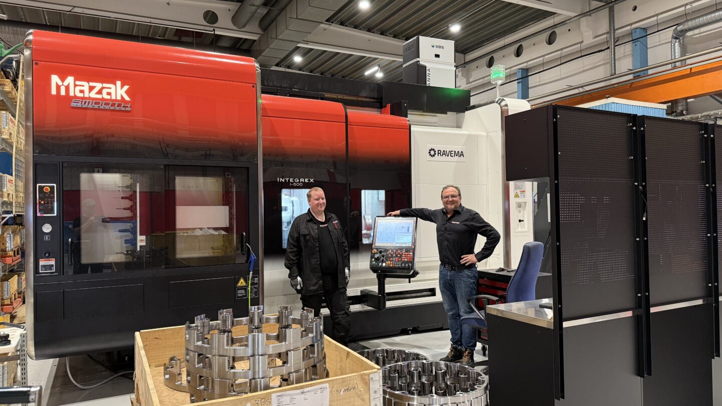 Pelle Bergström and Jonas Magnusson pictured in the middle of industrial machinery and equipment.